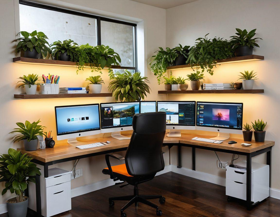 A sleek, modern desktop setup featuring multiple monitors displaying organized digital workspaces, lush indoor plants adding a touch of nature, colorful sticky notes and productivity tools neatly arranged, a cozy ergonomic chair enhancing comfort, and warm lighting creating an inviting atmosphere. super-realistic. vibrant colors. minimalistic.