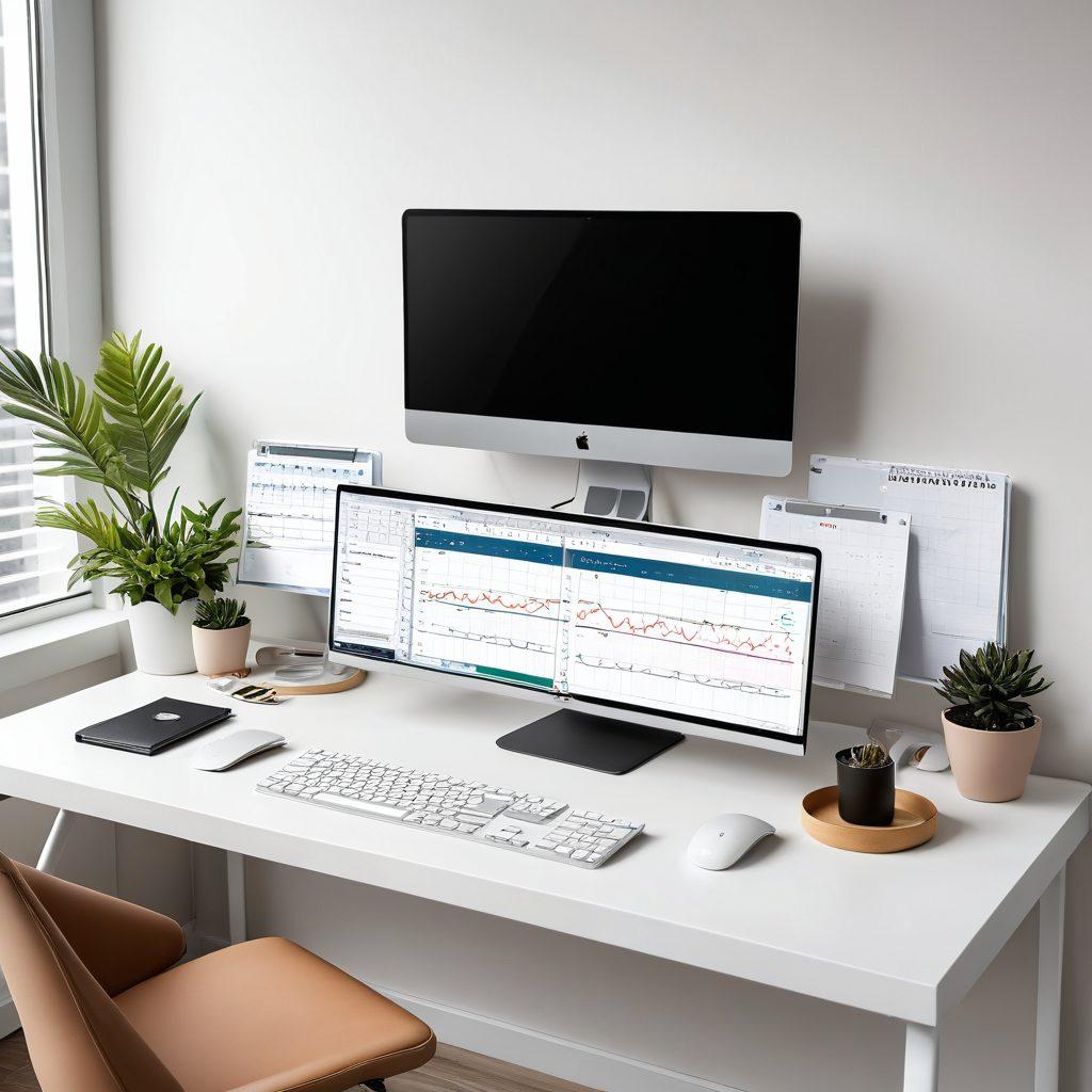 A sleek modern workspace showcasing a diverse range of desktop solutions, including an ergonomic keyboard, dual monitors displaying vibrant graphs and productivity apps, a planner open to a daily schedule, and stylish stationery neatly arranged, emphasizing efficiency and organization. The background features soft, calming colors that evoke a sense of focus and productivity. super-realistic. vibrant colors. white background.