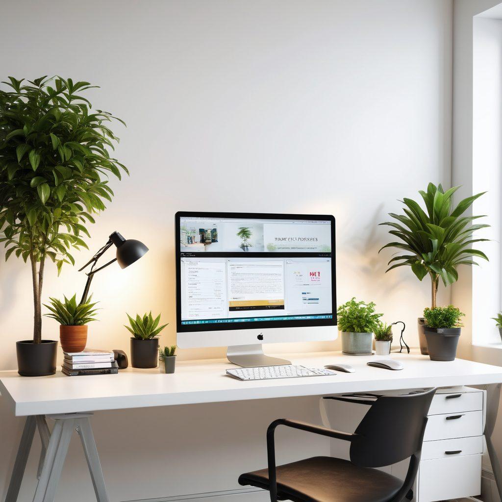 A sleek, modern workspace featuring a custom desktop setup with dual monitors displaying vibrant productivity tools and inspirational quotes. Include ergonomic furniture, stylish desk accessories, and indoor plants for a touch of nature. The scene should convey a sense of efficiency and creativity, with warm lighting enhancing the atmosphere. super-realistic. vibrant colors. white background.